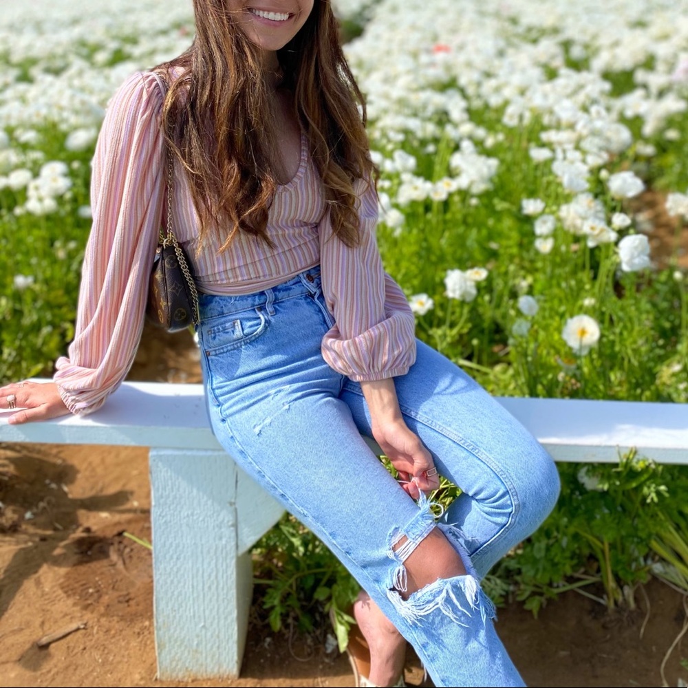 Free People Pink Striped Balloon Sleeve Tie Back